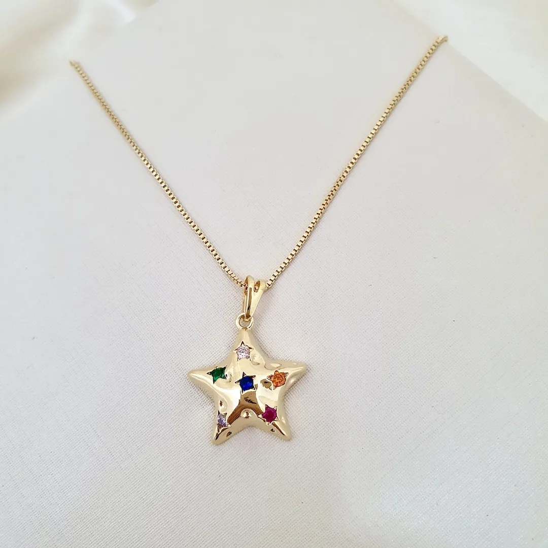 Colar pingente estrela zircônias coloridas