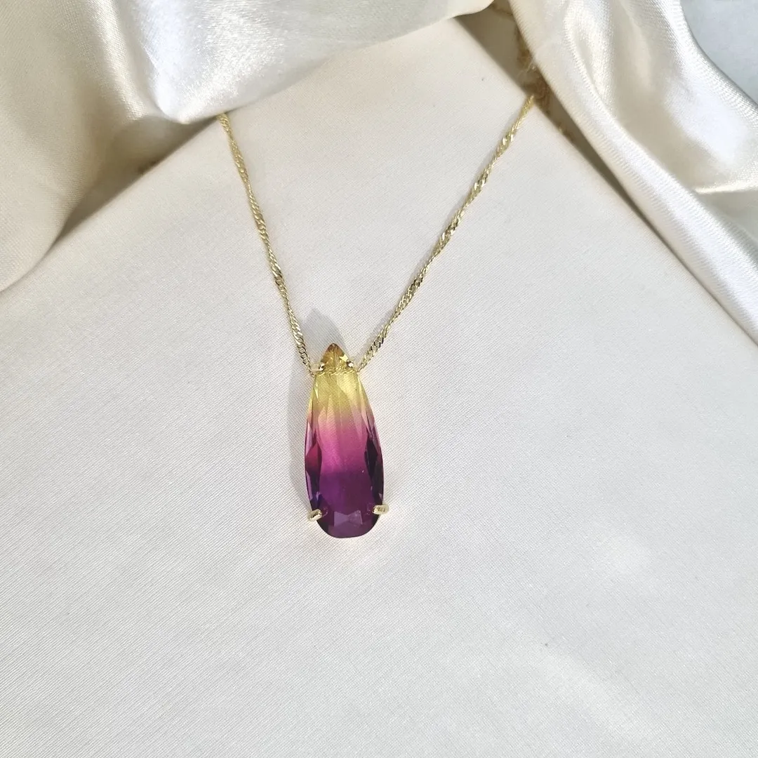 Colar pingente gota  Zircônia rainbow roxo e amarelo